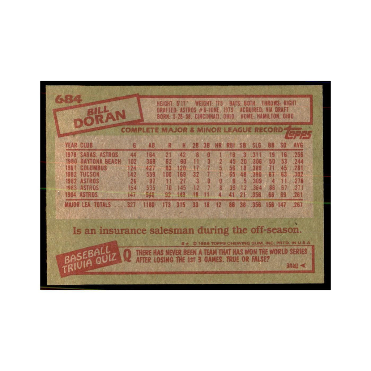 1985 Topps Bill Doran Baseball Cards #684