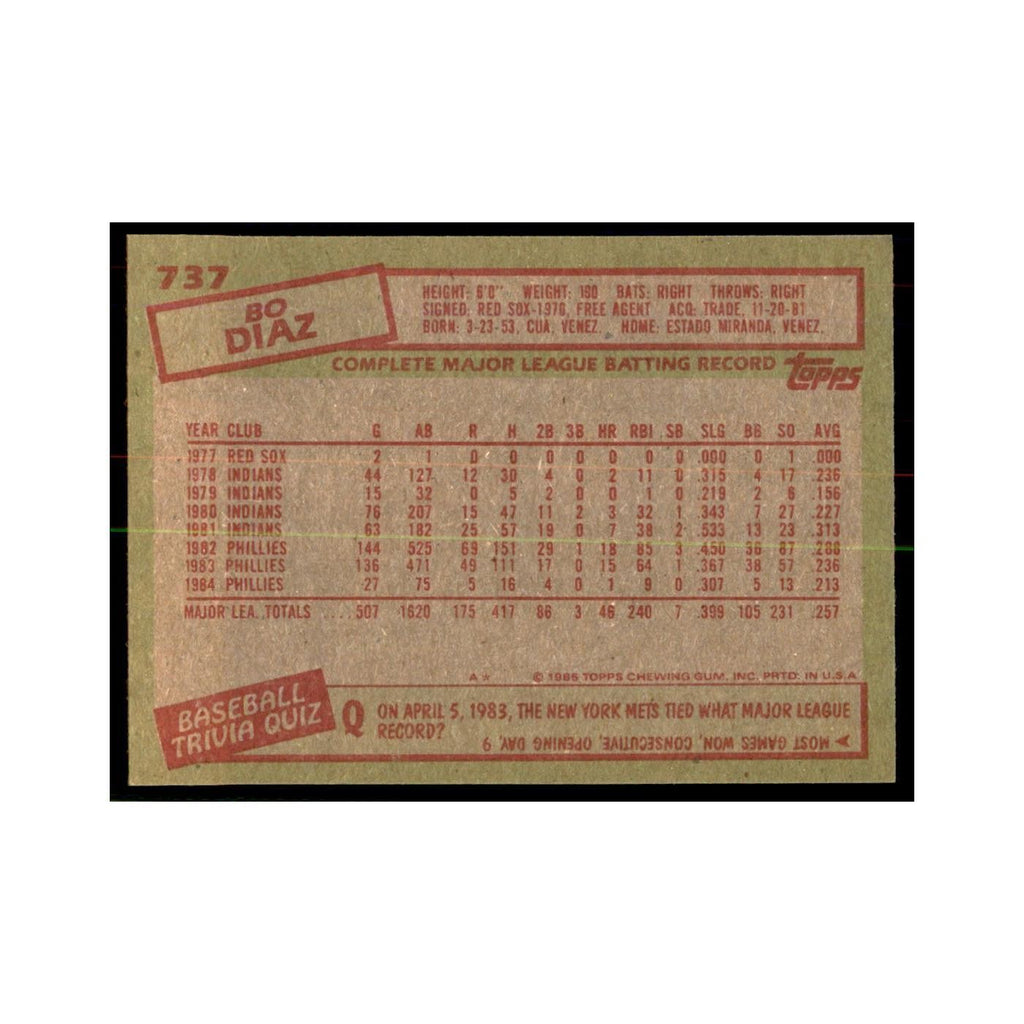 1985 Topps Bo Diaz Baseball Cards #737