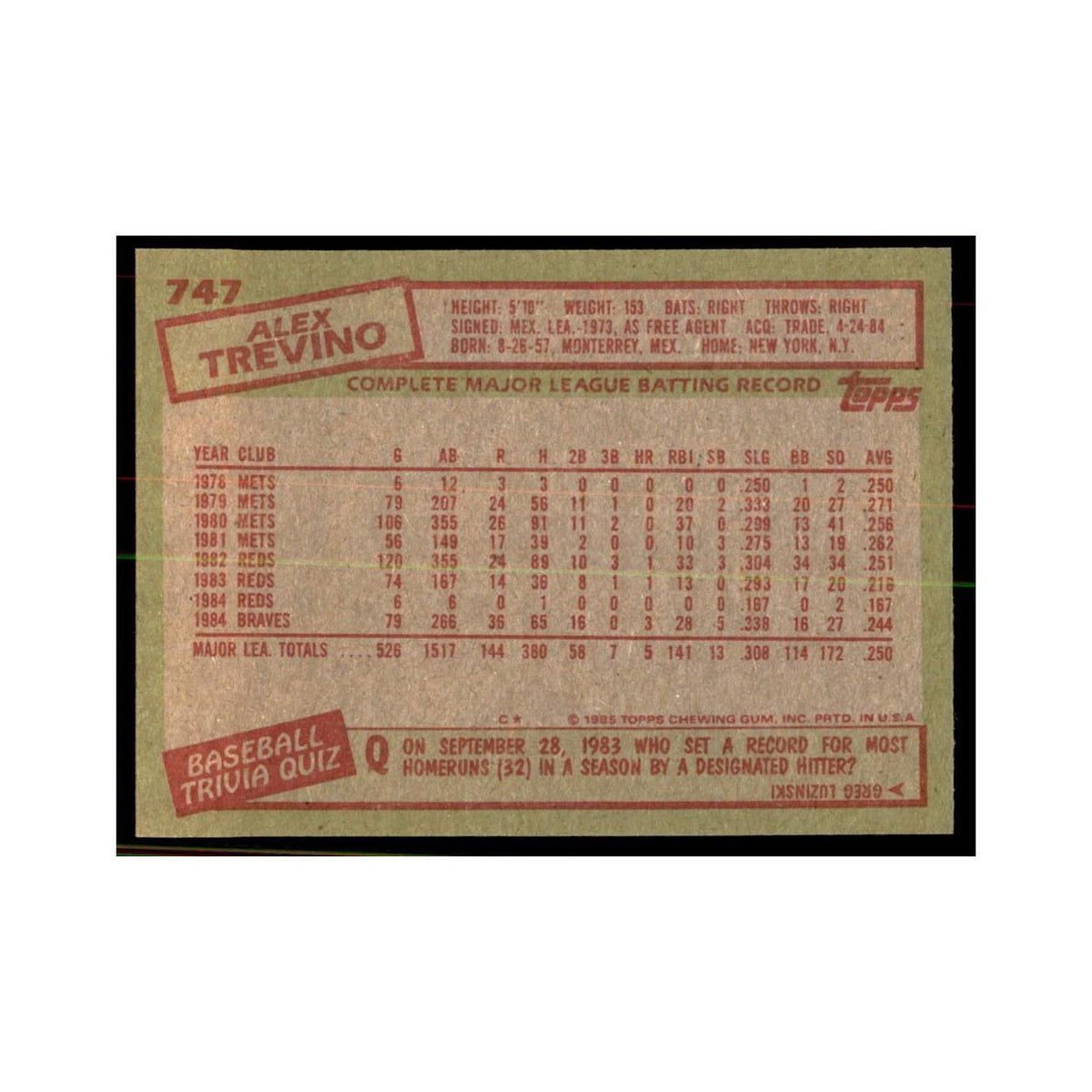 1985 Topps Alex Trevino Baseball Cards #747