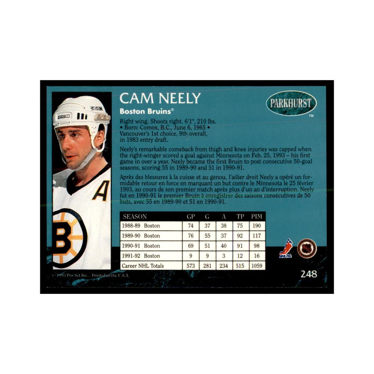 1992 Parkhurst French Cam Neely Hockey Cards #248