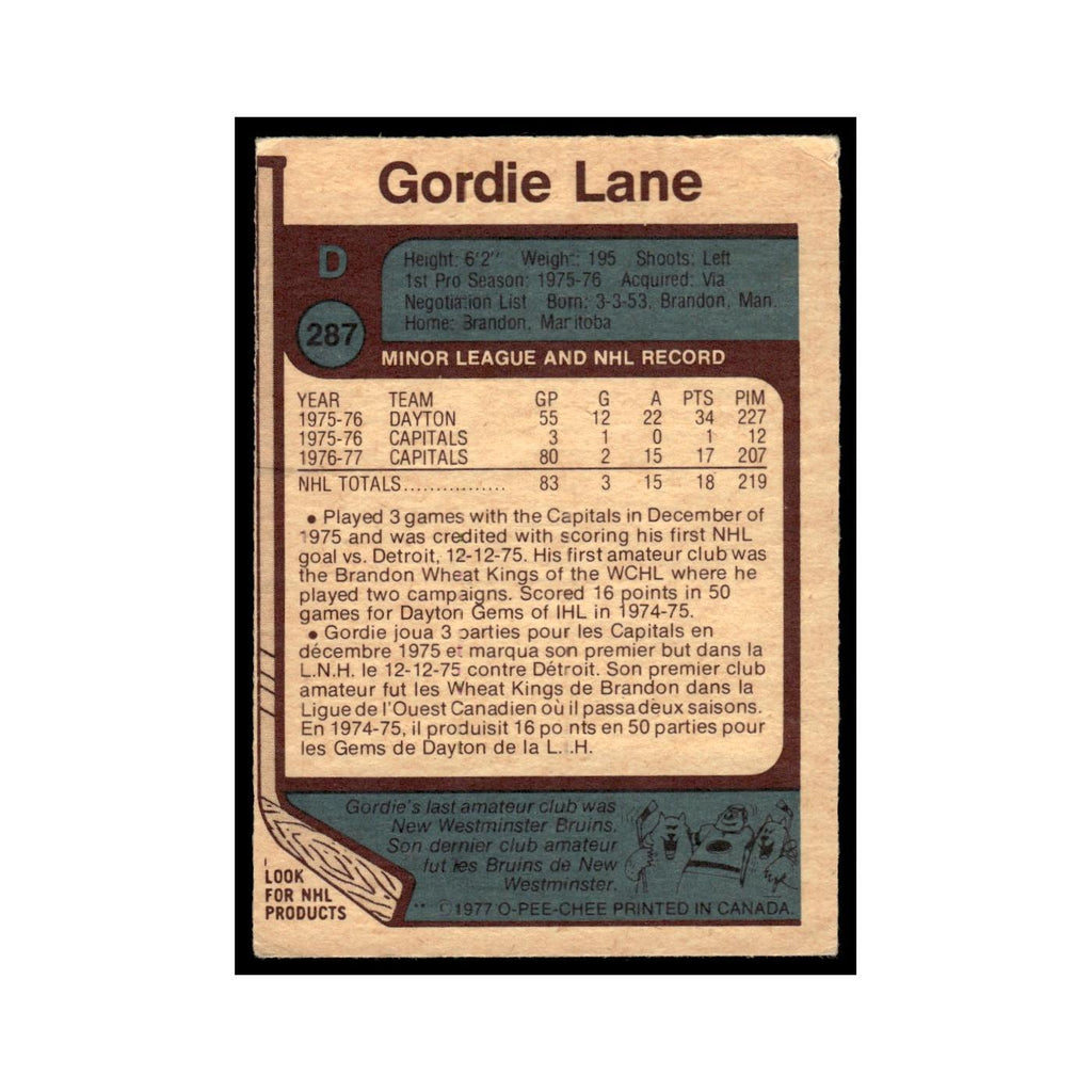 Gordie Lane Rookie 1977 O-Pee-Chee (Damaged) #287 Washington Capitals Poor