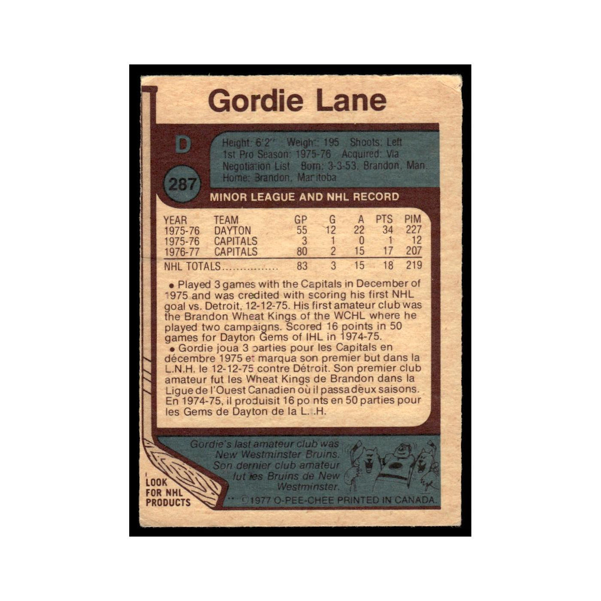 Gordie Lane Rookie 1977 O-Pee-Chee (Damaged) #287 Washington Capitals Poor