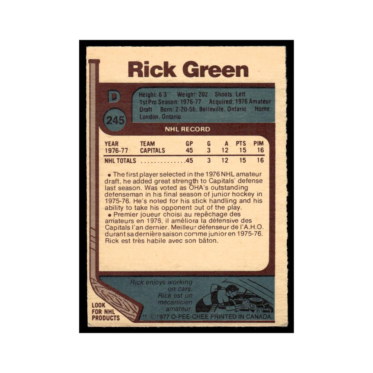 Rick Green Rookie 1977 O-Pee-Chee (Damaged) #245 Washington Capitals Poor