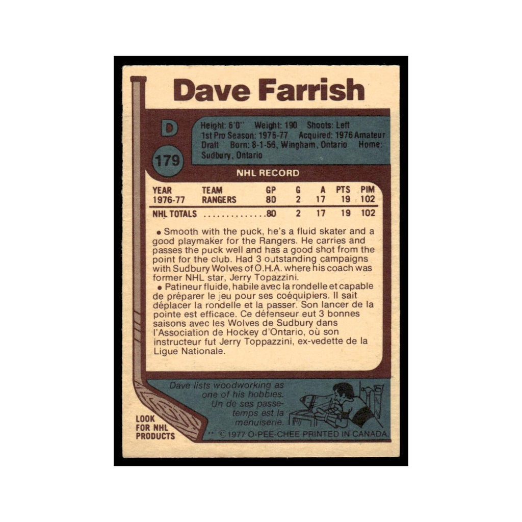 Dave Farrish Rookie 1977 O-Pee-Chee (Damaged) #179 New York Rangers Poor