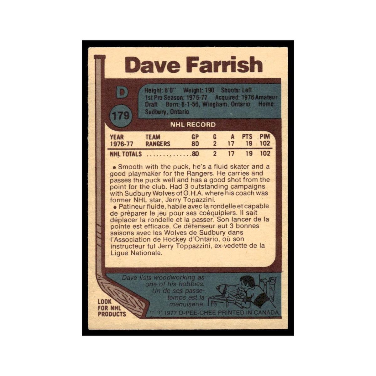 Dave Farrish Rookie 1977 O-Pee-Chee (Damaged) #179 New York Rangers Poor