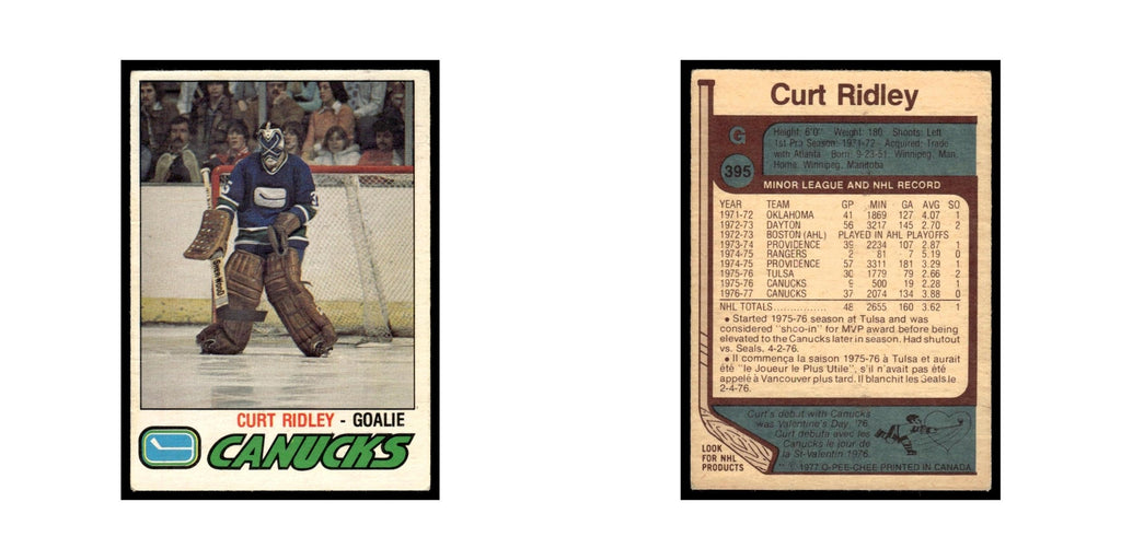 Curt Ridley 1977 O-Pee-Chee (Damaged) #395 Vancouver Canucks Hockey Card Poor