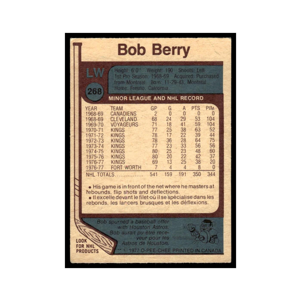 Bob Berry 1977 O-Pee-Chee (Damaged) #268 Los Angeles Kings Hockey Card Poor