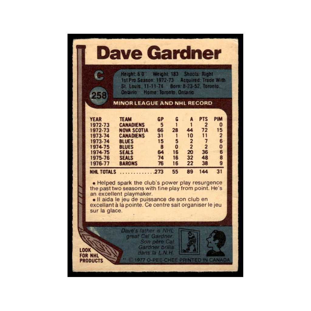 Dave Gardner 1977 O-Pee-Chee (Damaged) #258 Cleveland Barons Hockey Card Poor