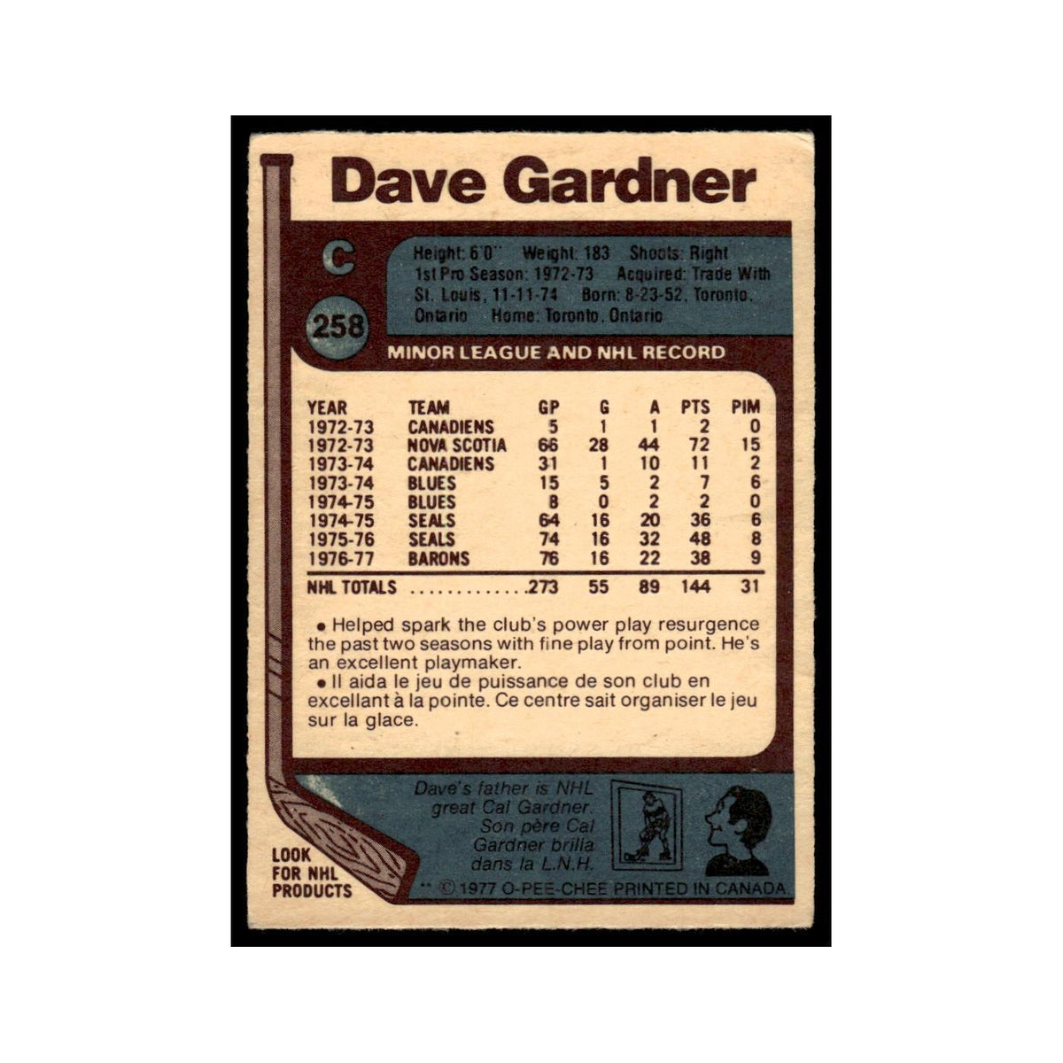 Dave Gardner 1977 O-Pee-Chee (Damaged) #258 Cleveland Barons Hockey Card Poor