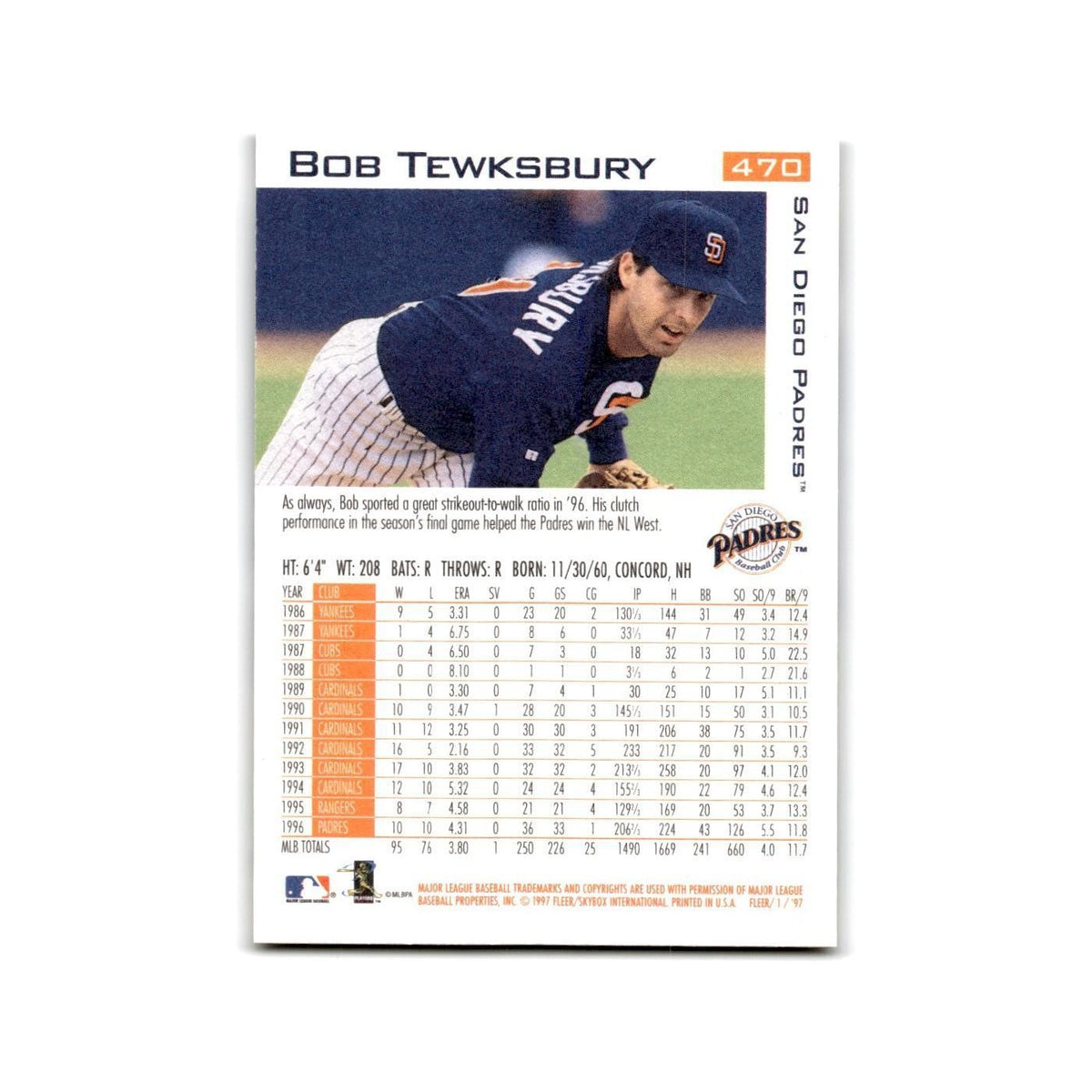 Bob Tewksbury 1997 Fleer #470 San Diego Padres Baseball Card NM