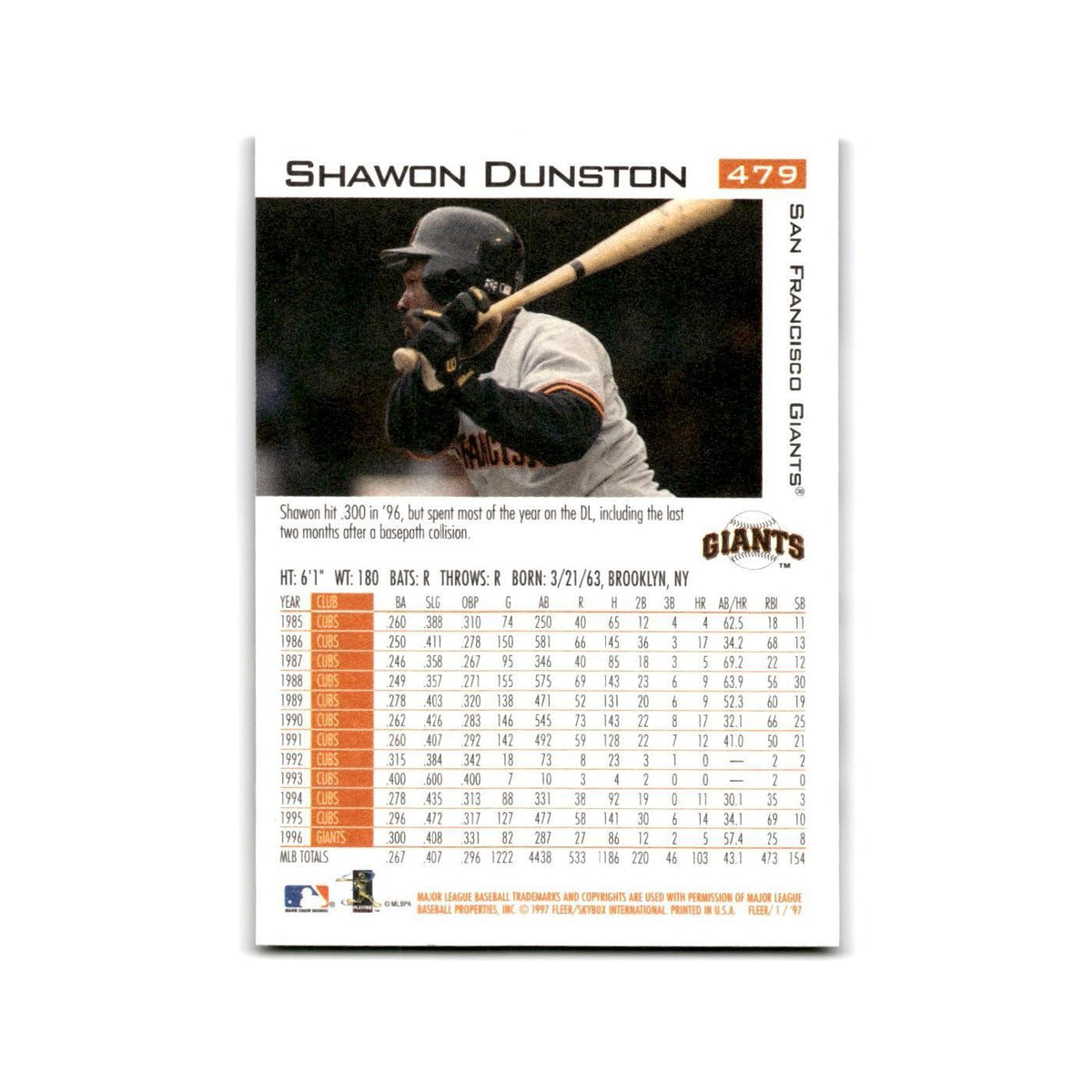 Shawon Dunston 1997 Fleer #479 San Francisco Giants Baseball Card NM