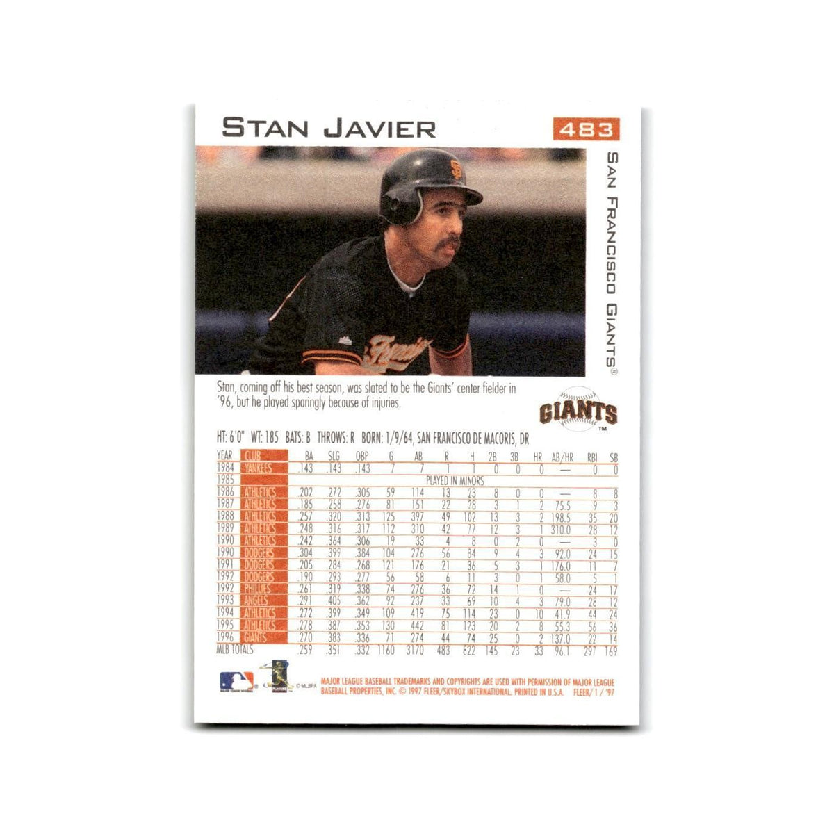 Stan Javier 1997 Fleer #483 San Francisco Giants Baseball Card NM