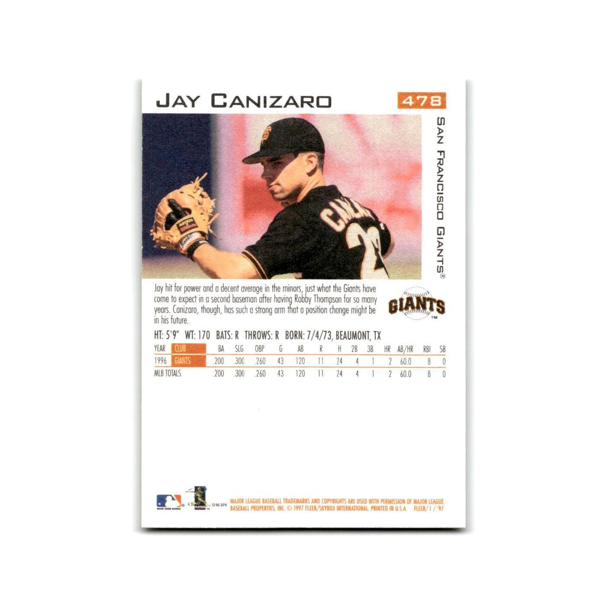 Jay Canizaro 1997 Fleer #478 San Francisco Giants Baseball Card NM