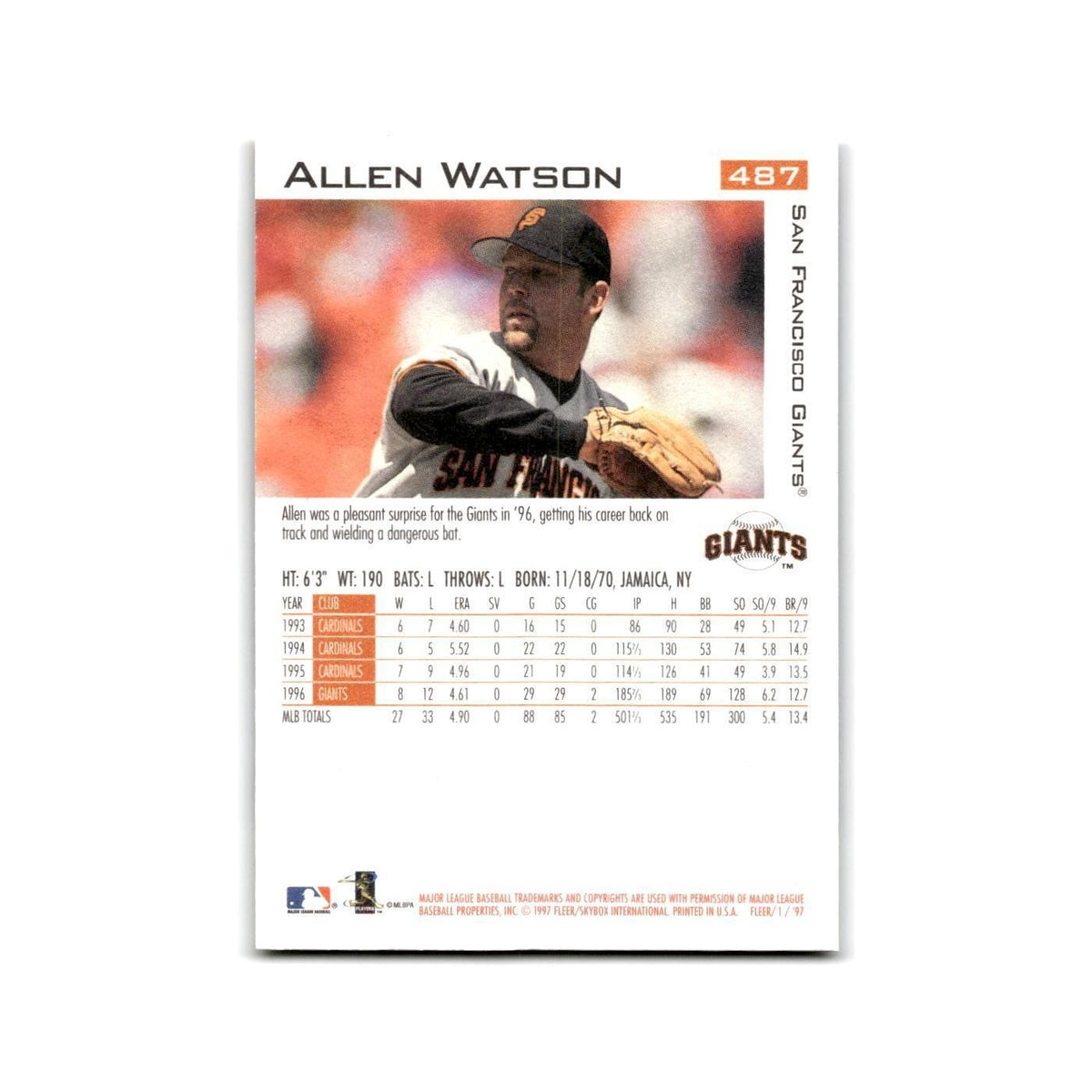 Allen Watson 1997 Fleer #487 San Francisco Giants Baseball Card NM