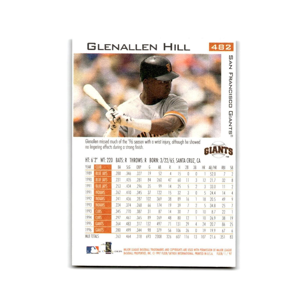 Glenallen Hill 1997 Fleer #482 San Francisco Giants Baseball Card NM