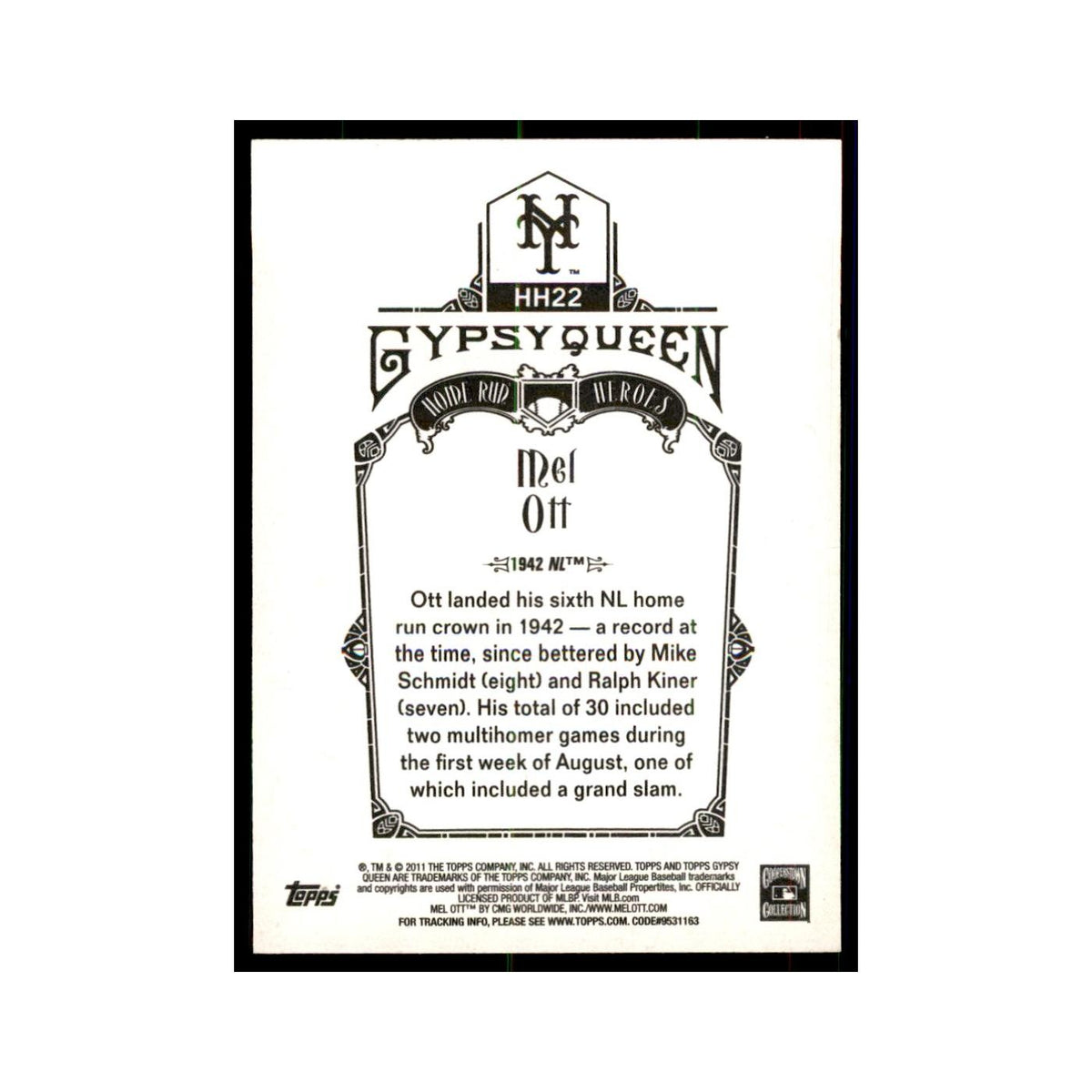 2011 Topps Gypsy Queen Mel Ott Baseball Cards #HH22