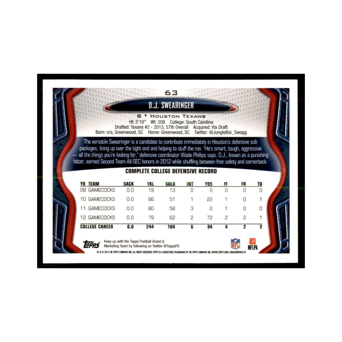2013 Topps D.J. Swearinger Texans #63