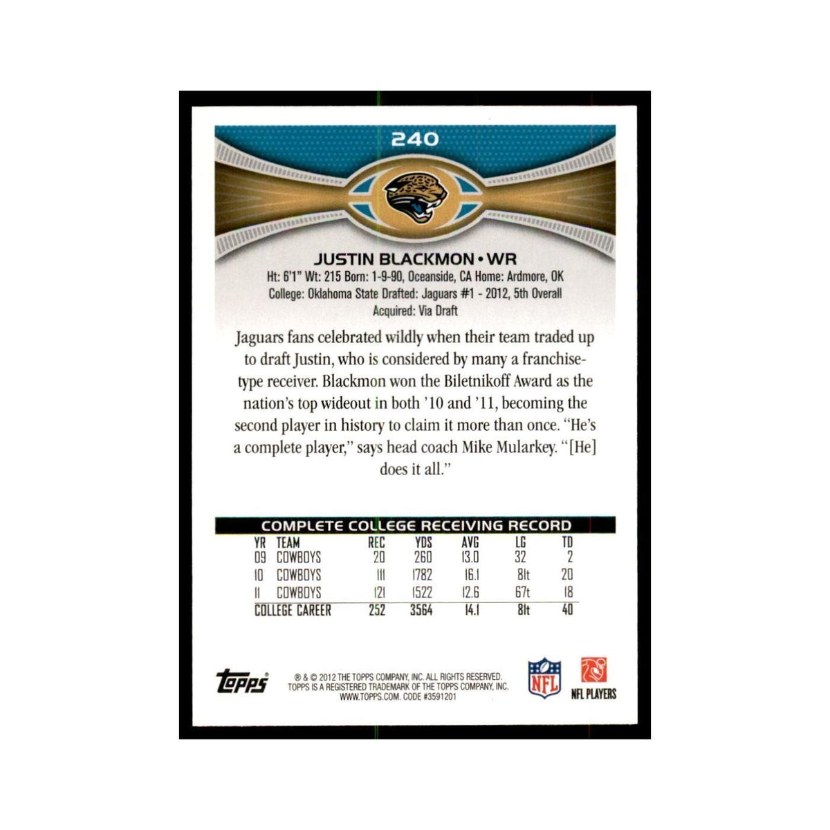 2012 Topps Justin Blackmon Jaguars #240