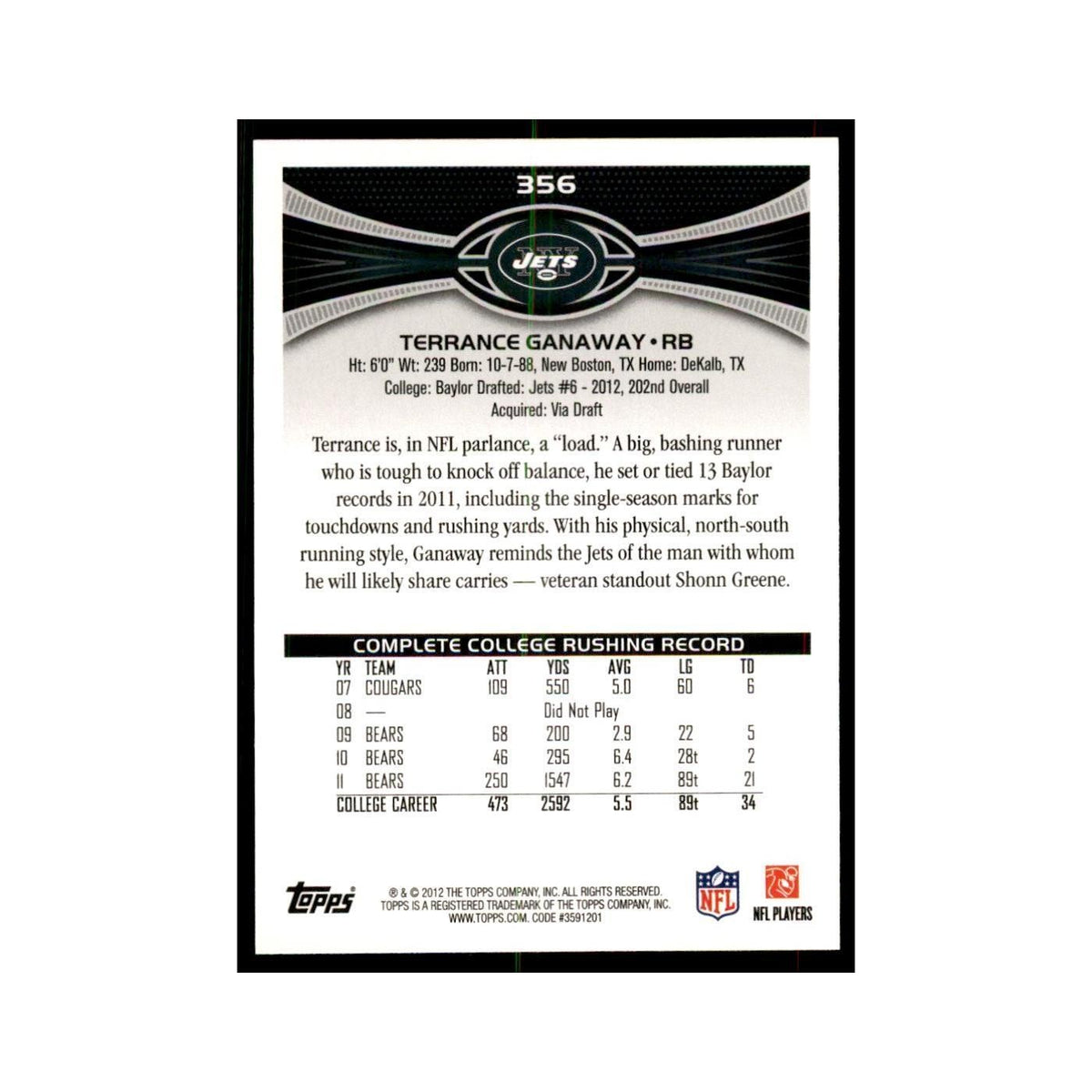 2012 Topps Terrance Ganaway Jets #356