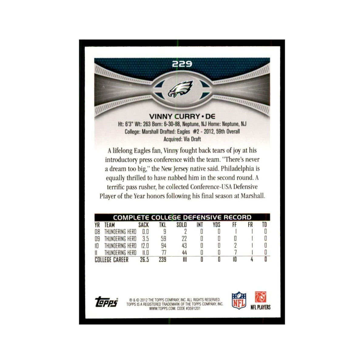 2012 Topps Vinny Curry Eagles #229