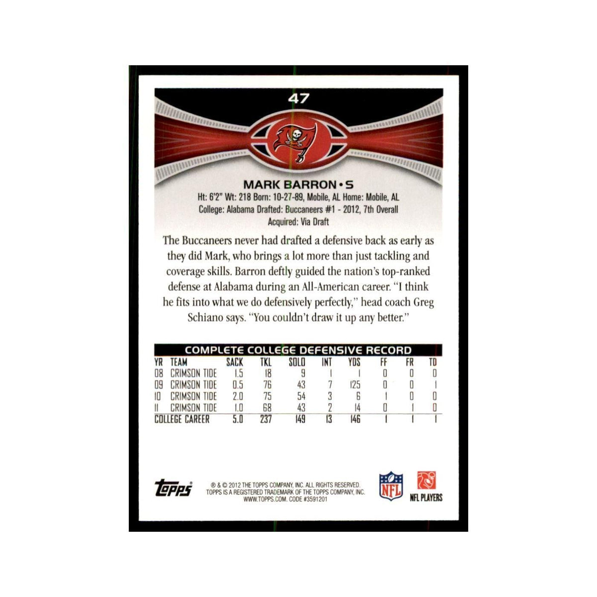 2012 Topps Mark Barron Buccaneers #47