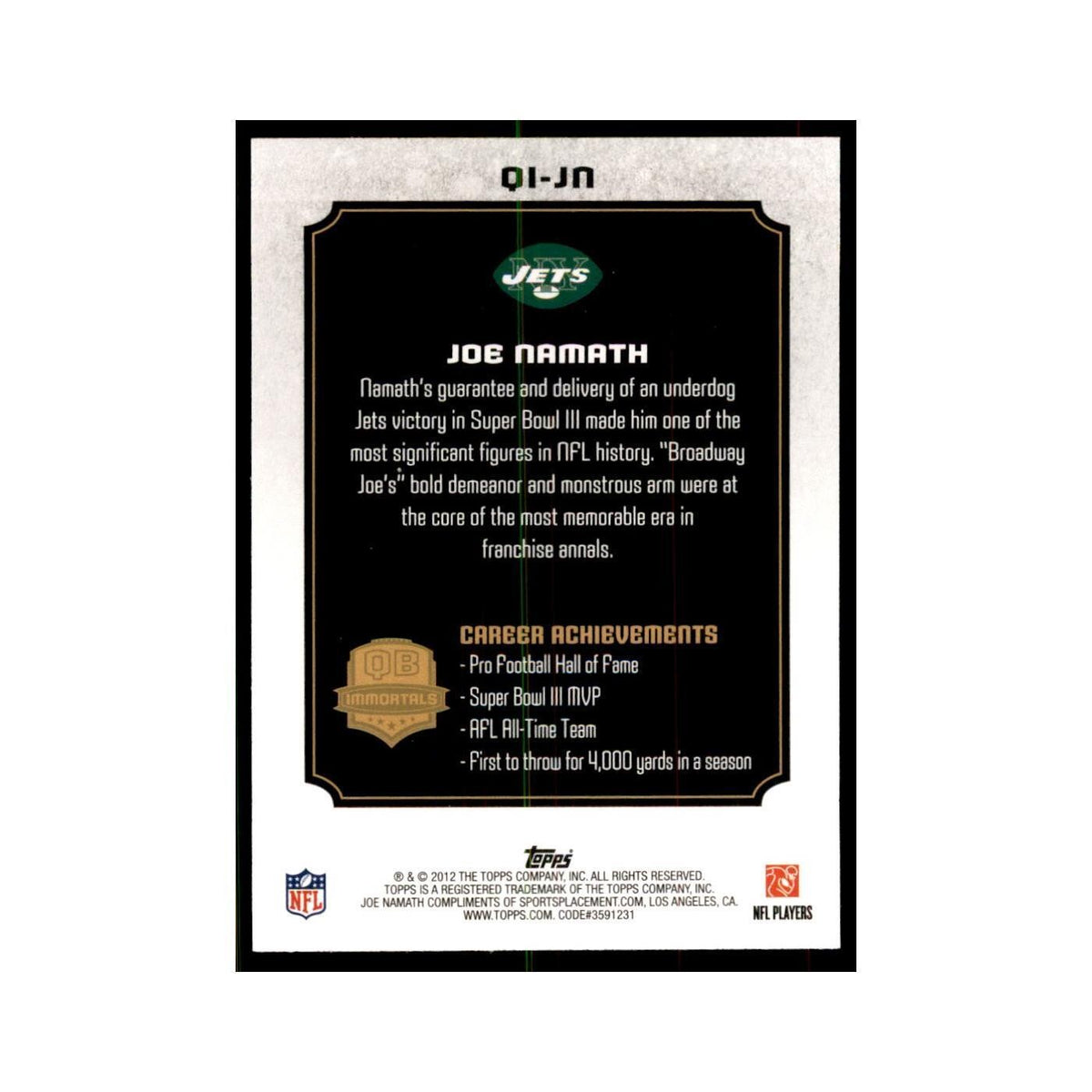 2012 Topps Joe Namath Jets #QI-JN