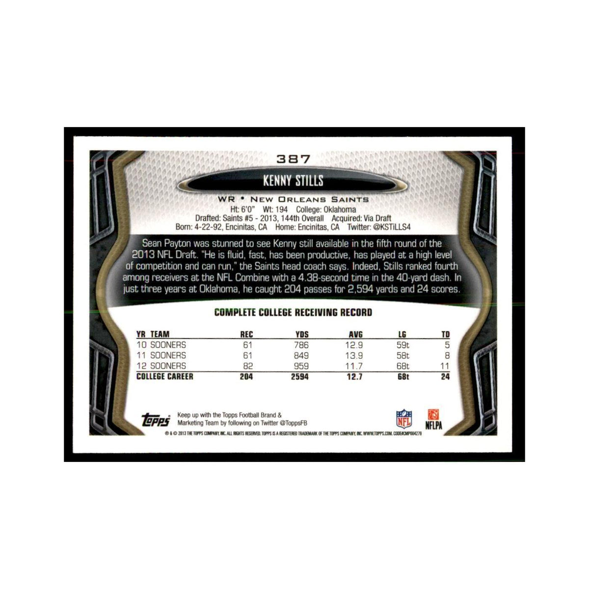 2013 Topps Kenny Stills Saints #387