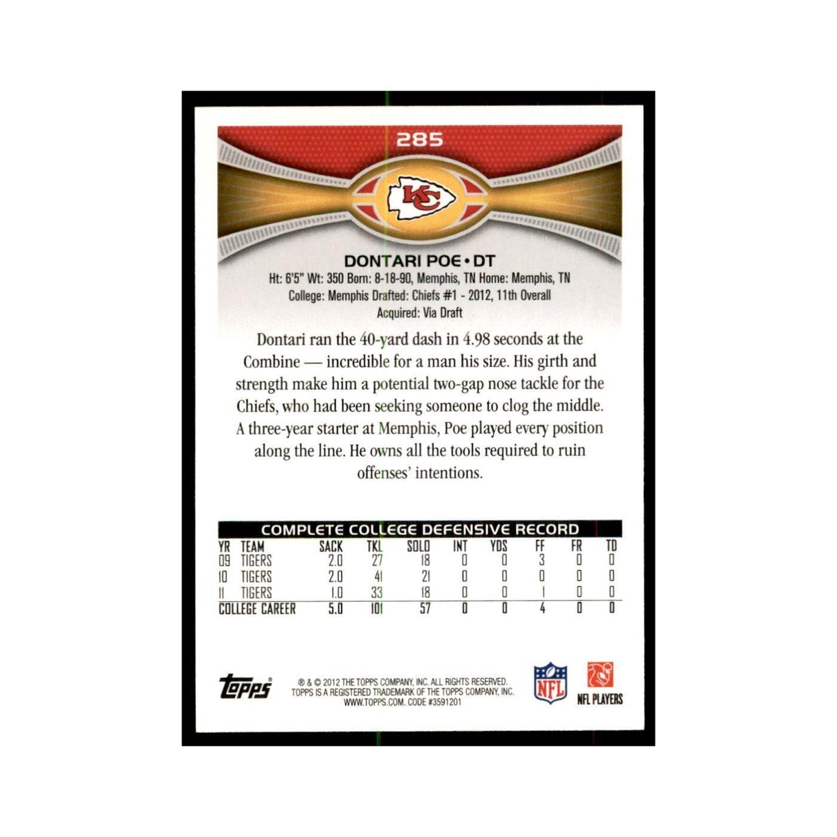 2012 Topps Dontari Poe Chiefs #285