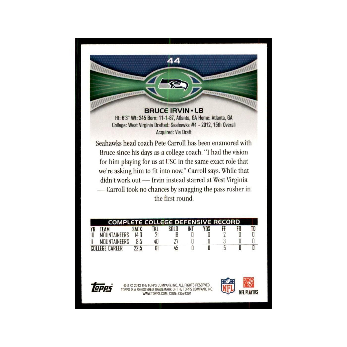 2012 Topps Bruce Irvin Seahawks #44