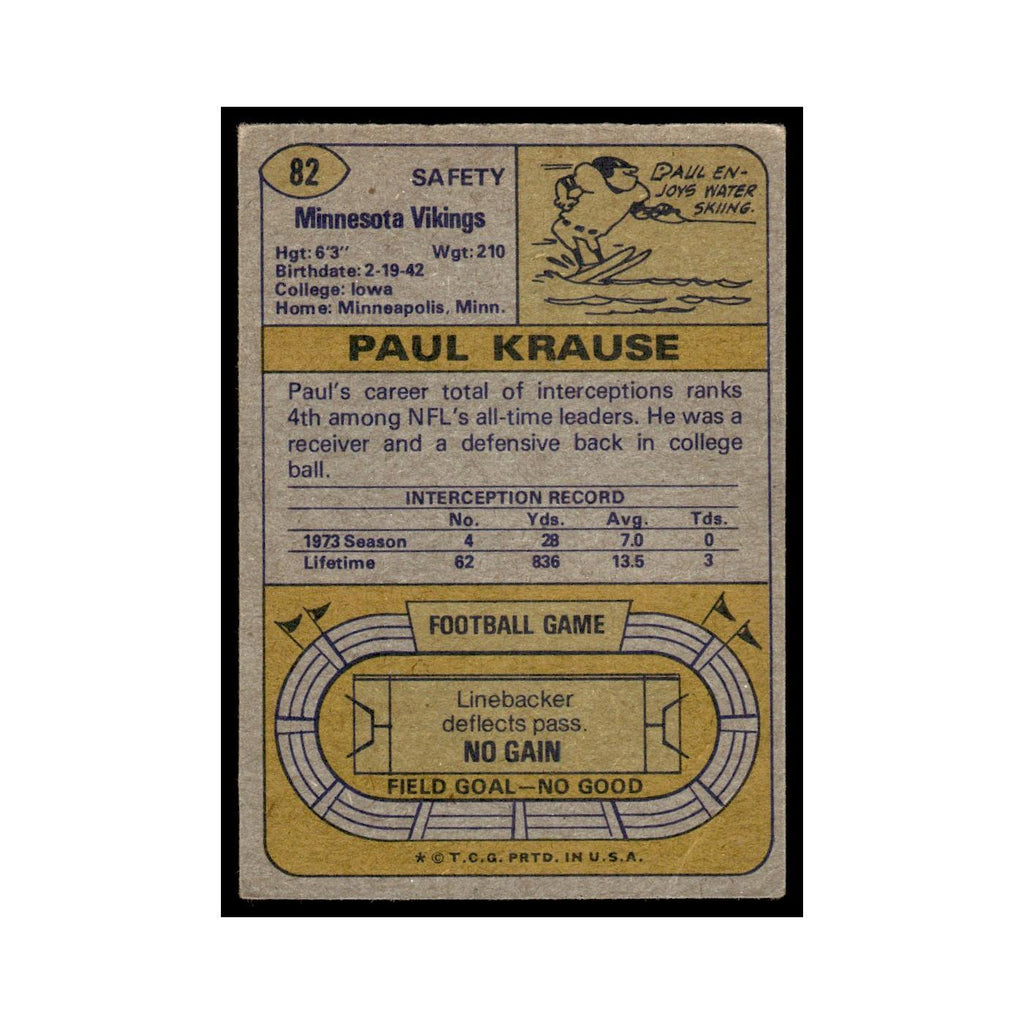 1974 Topps Football Card (Damaged) Paul Krause Vikings #82.0