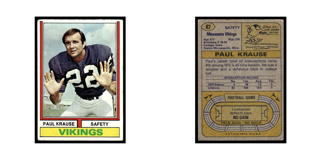 1974 Topps Football Card (Damaged) Paul Krause Vikings #82.0