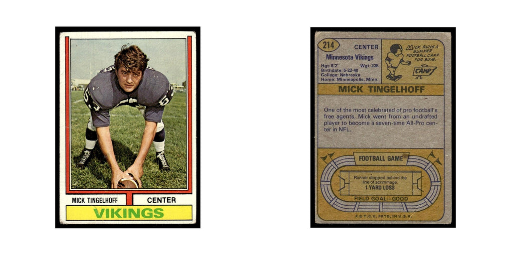 1974 Topps Football Card (Damaged) Mick Tingelhoff Vikings #214.0