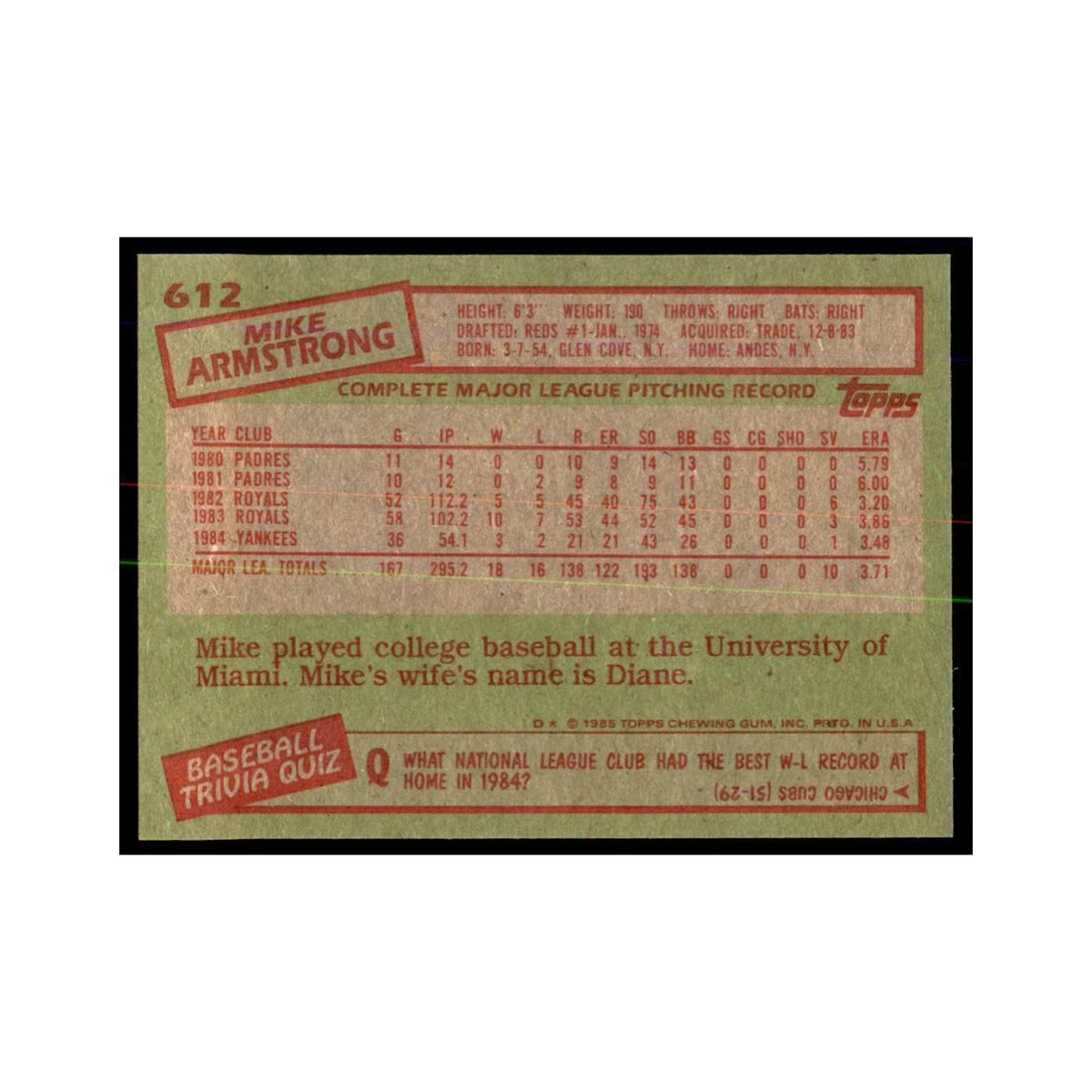 1985 Topps Mike Armstrong Yankees #612