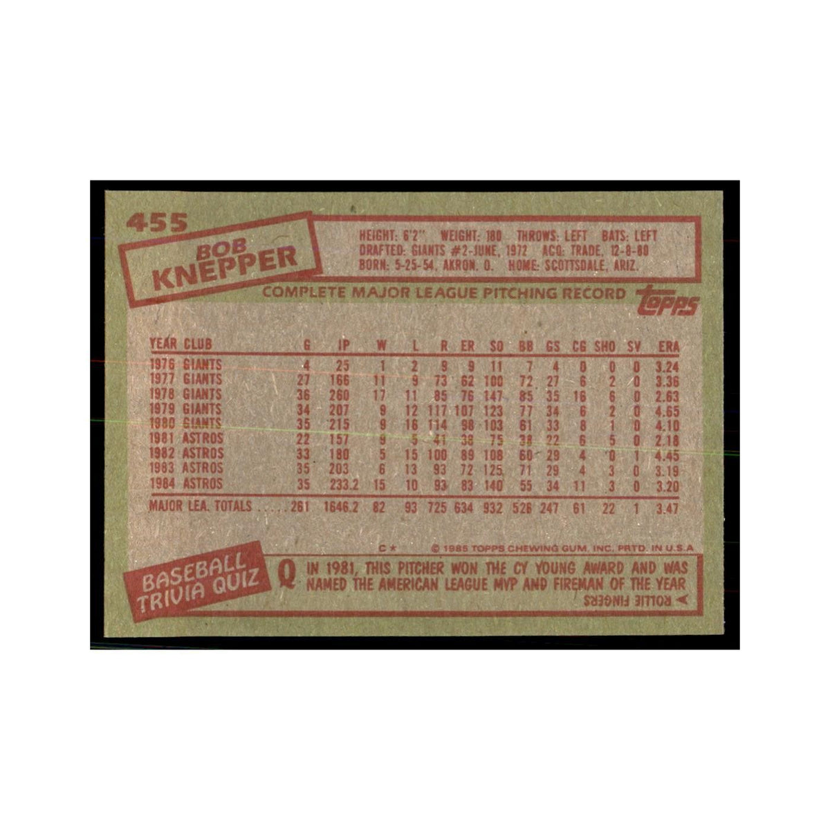 1985 Topps Bob Knepper Astros #455