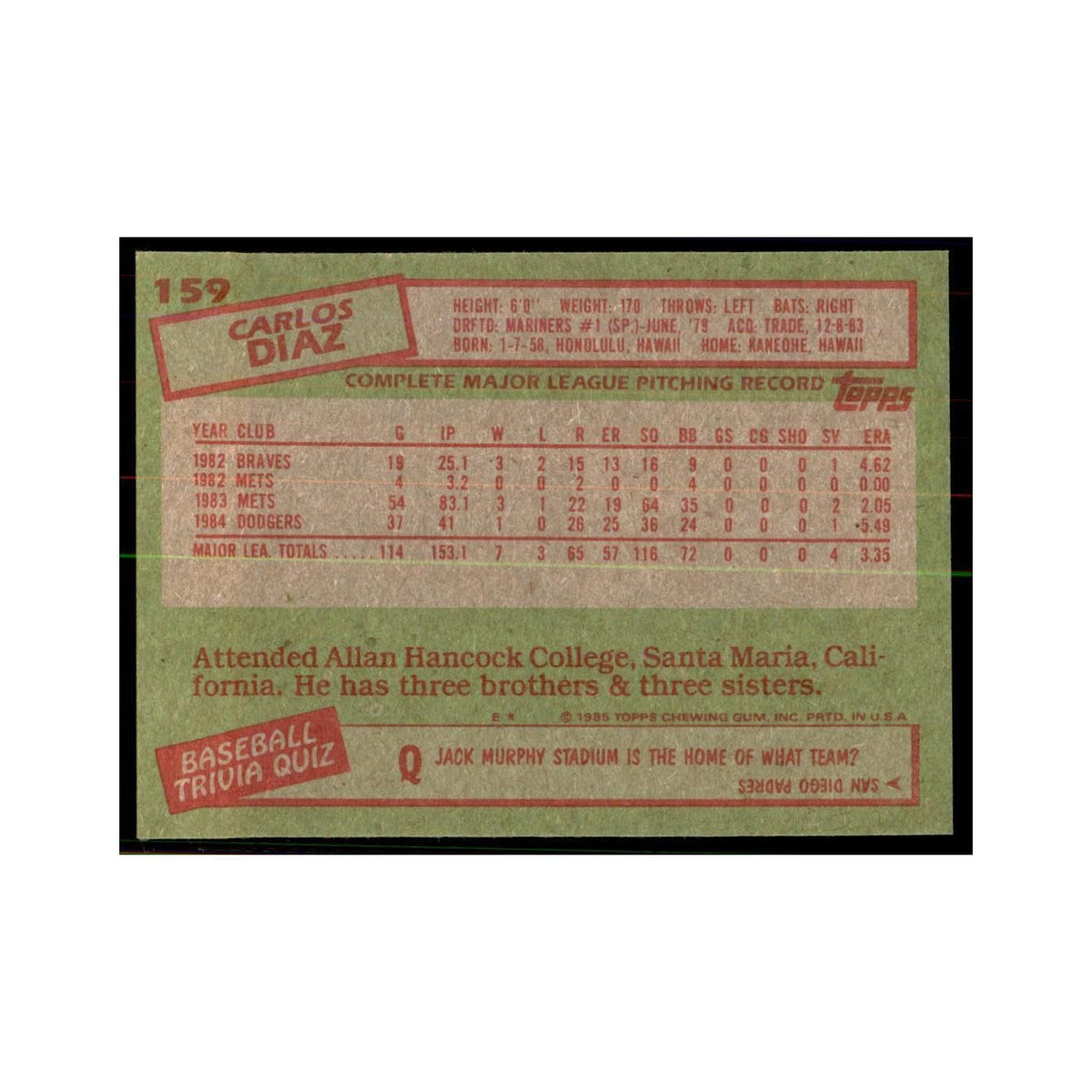 1985 Topps Carlos Diaz Dodgers #159