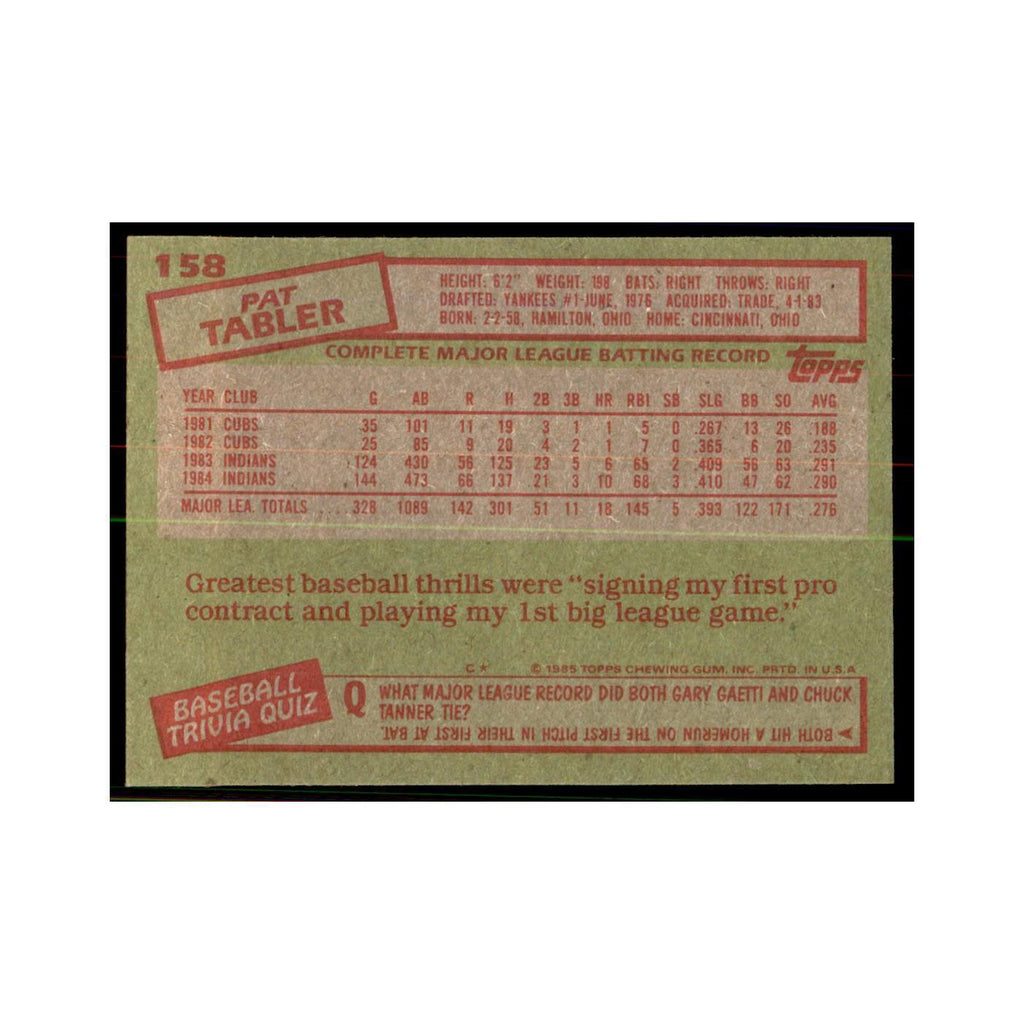 1985 Topps Pat Tabler Indians #158