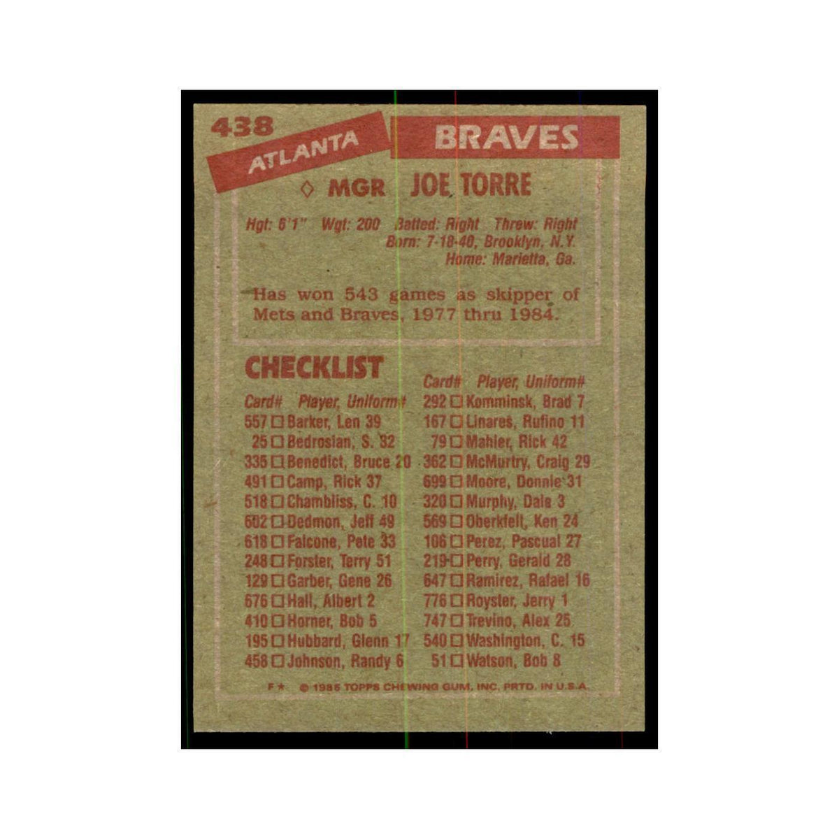1985 Topps Joe Torre Braves #438