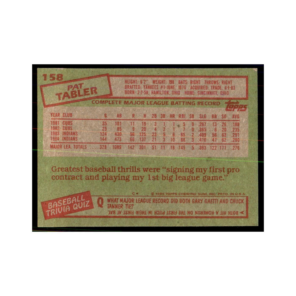 1985 Topps Pat Tabler Indians #158
