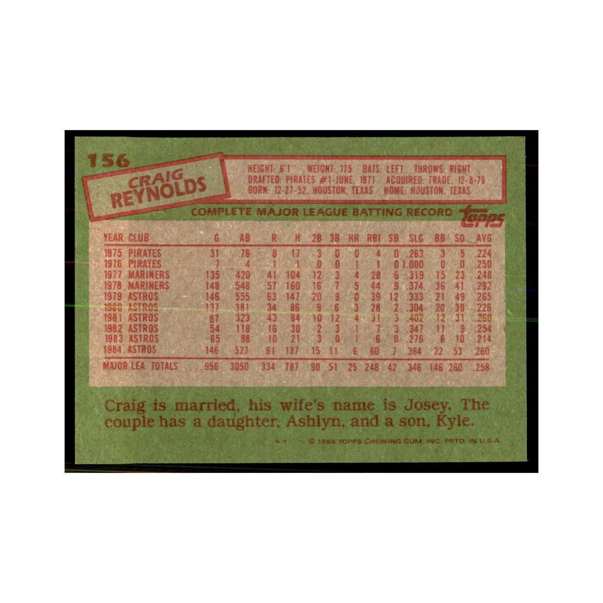 1985 Topps Craig Reynolds Astros #156