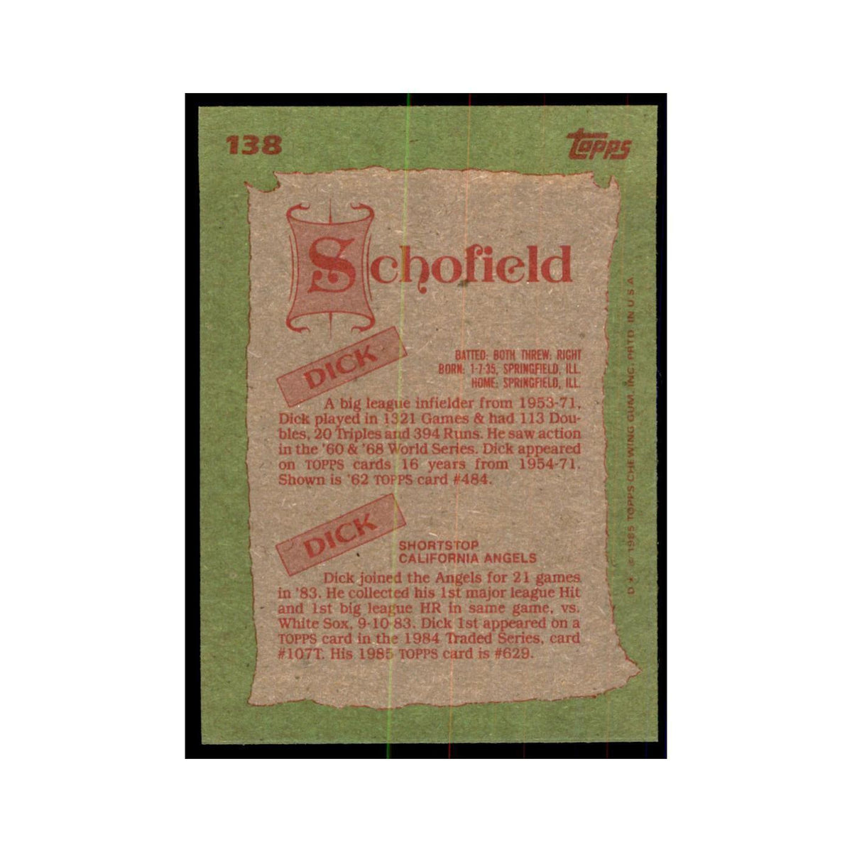 1985 Topps Dick Schofield/Dick Schofield Pittsburgh Pirates/California Angels