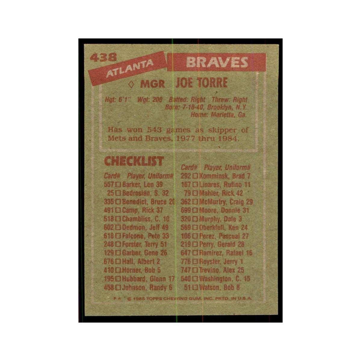 1985 Topps Joe Torre Braves #438