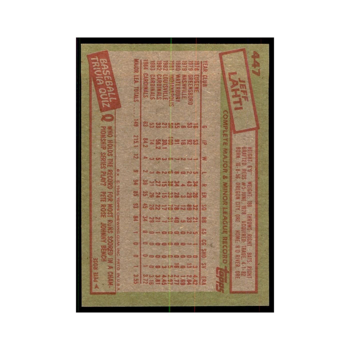 1985 Topps Jeff Lahti Cardinals #447