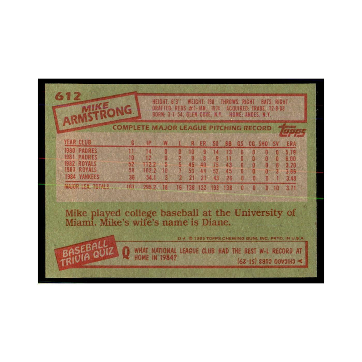 1985 Topps Mike Armstrong Yankees #612