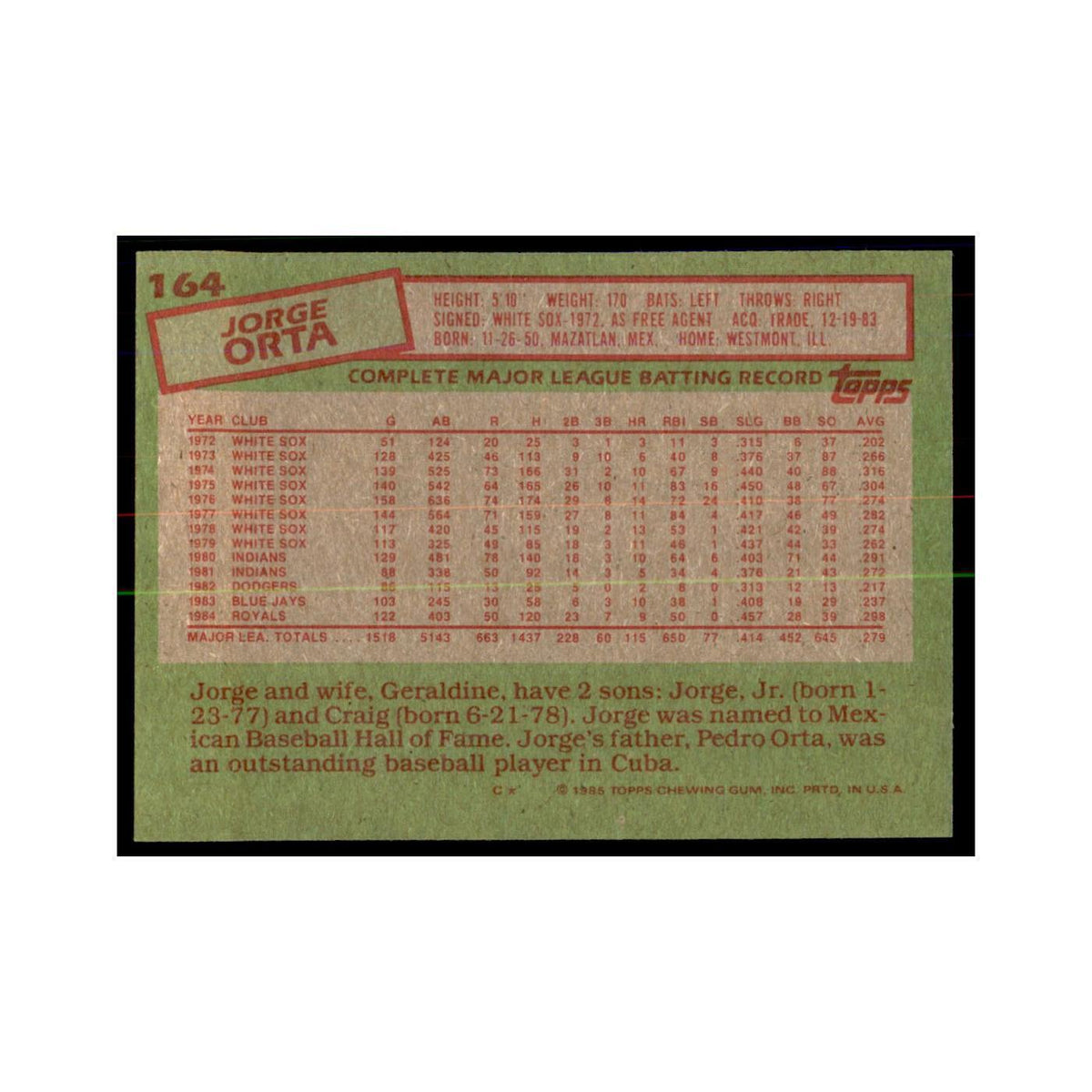 1985 Topps Jorge Orta Royals #164