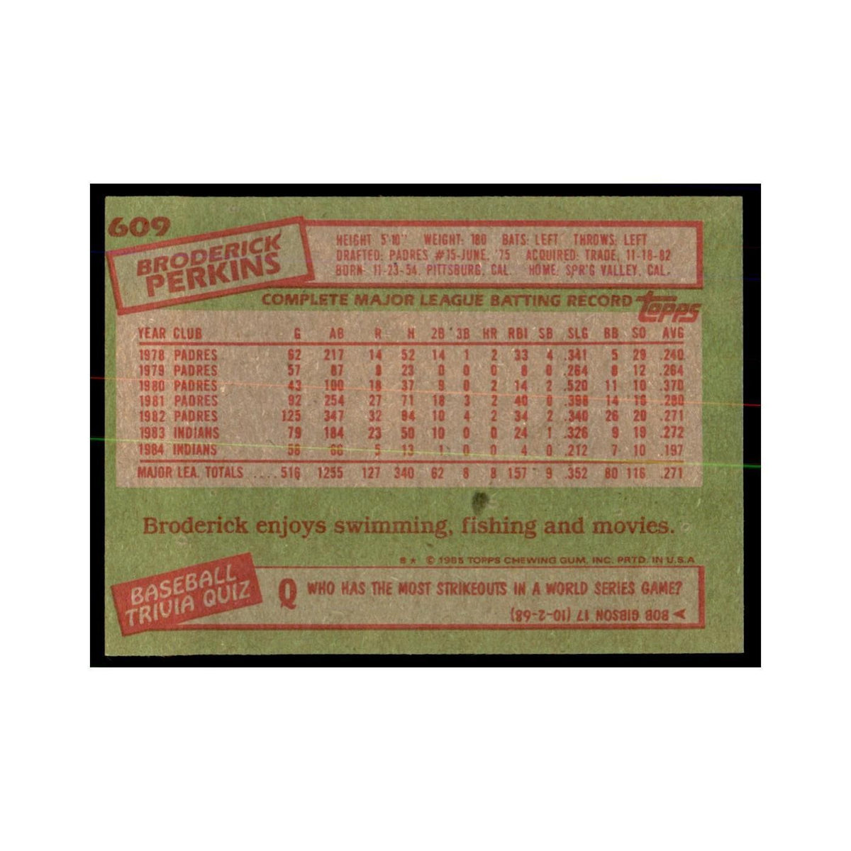 1985 Topps Broderick Perkins Indians #609