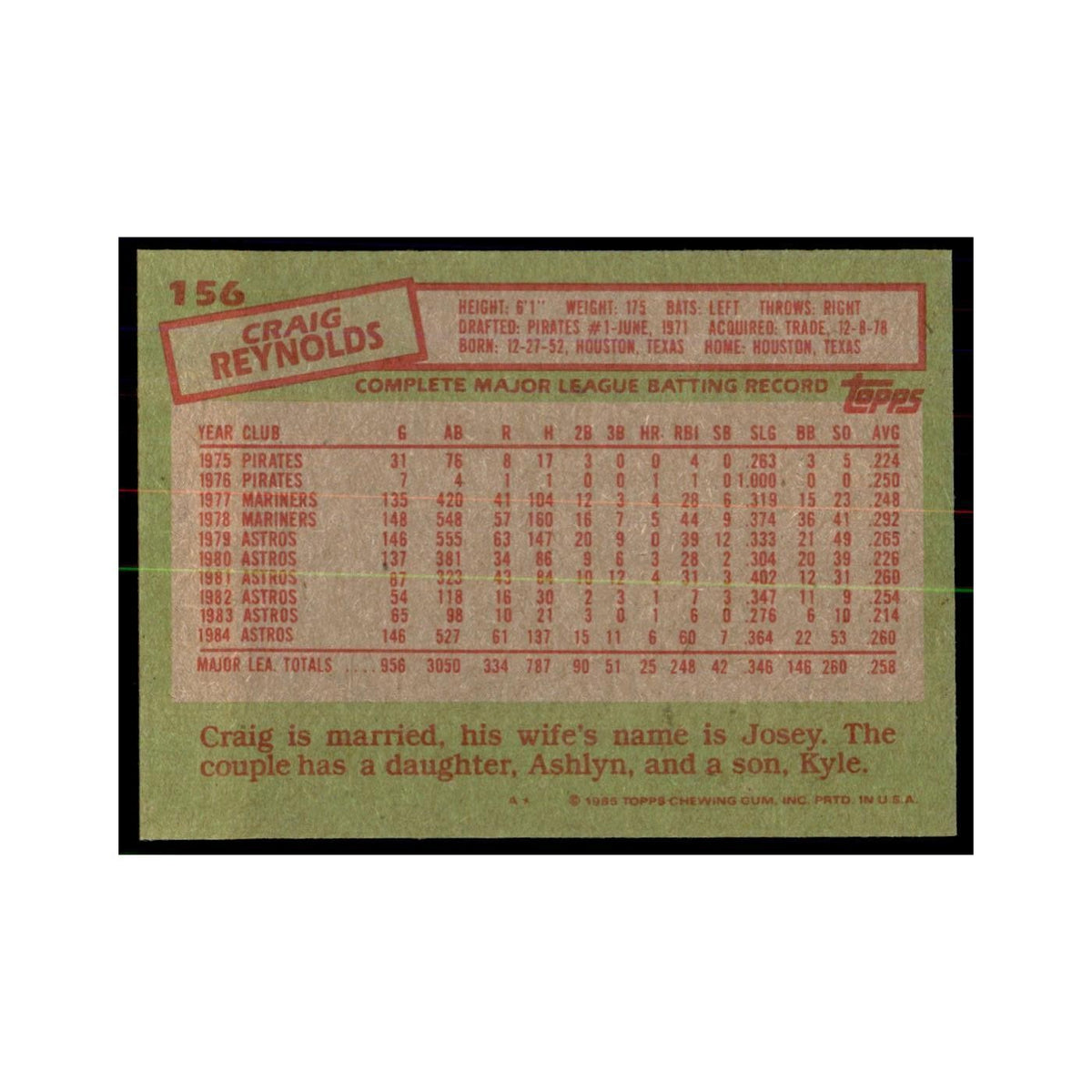 1985 Topps Craig Reynolds Astros #156