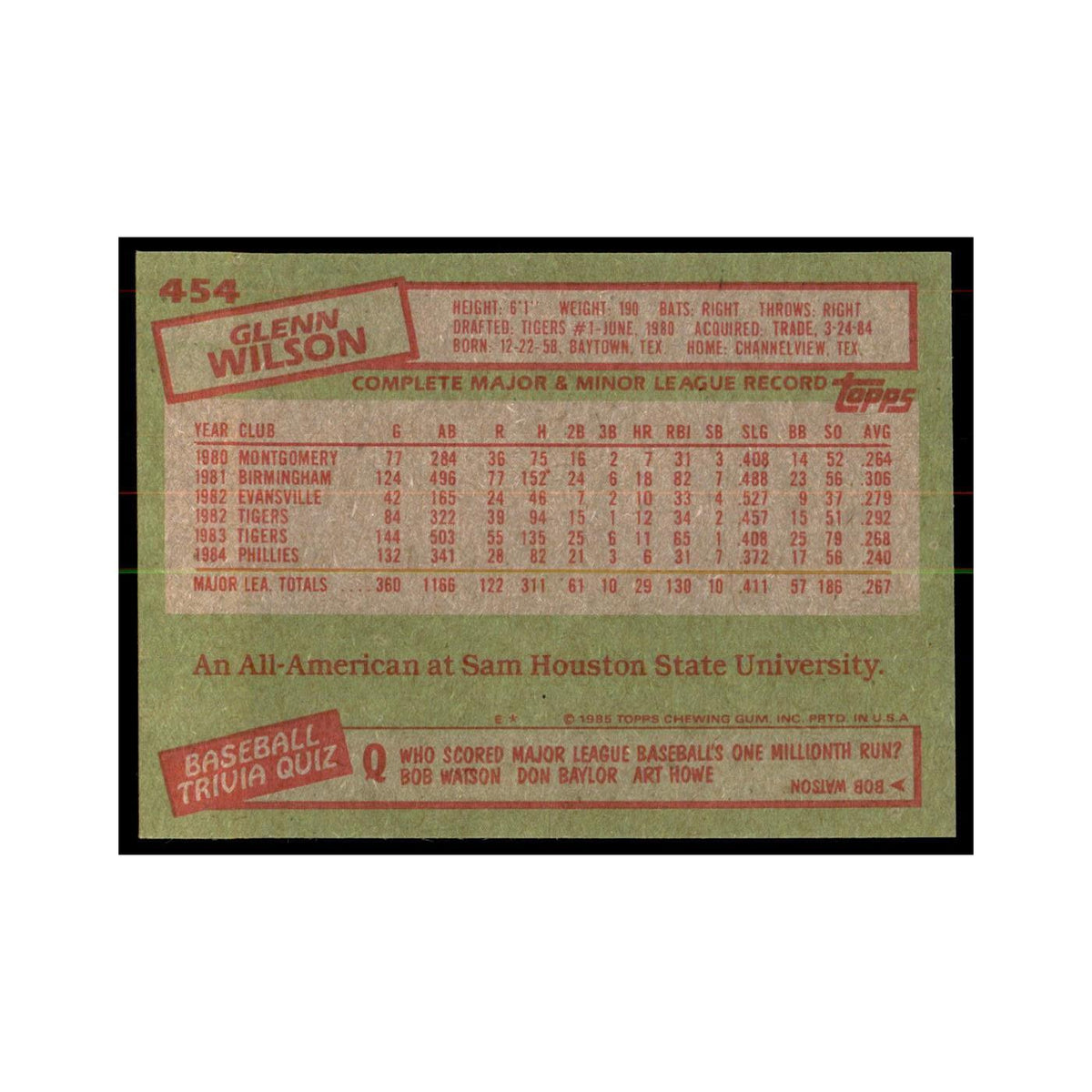 1985 Topps Glenn Wilson Phillies #454