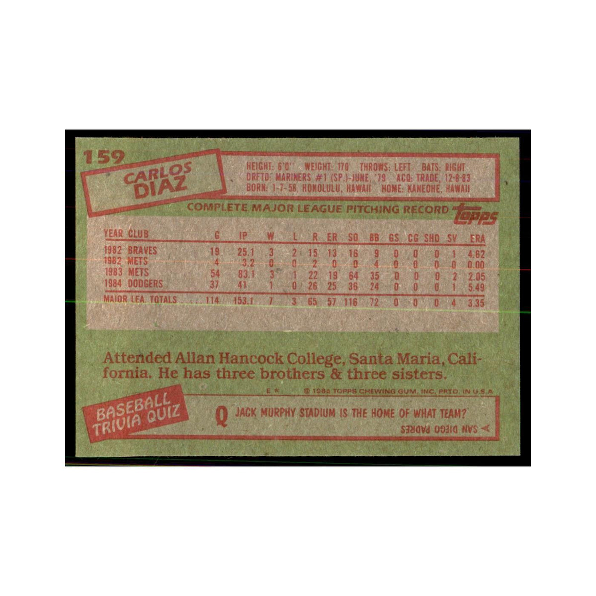 1985 Topps Carlos Diaz Dodgers #159