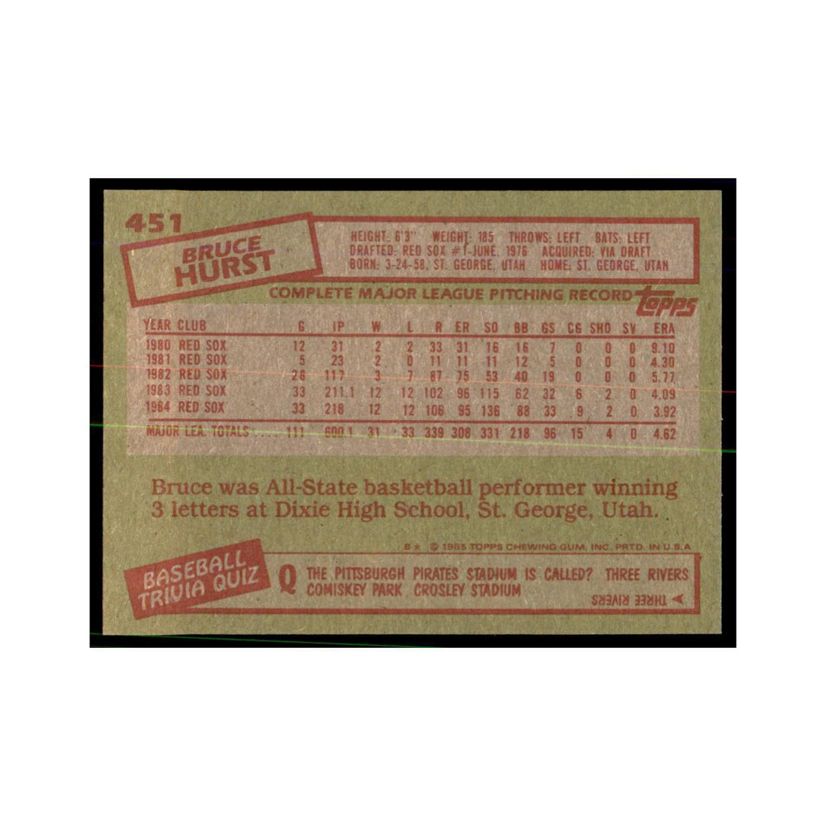 1985 Topps Bruce Hurst Red Sox #451