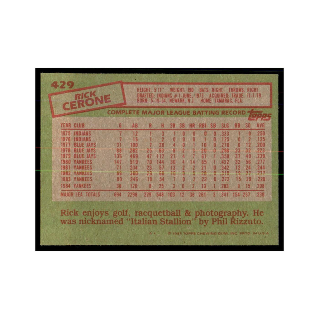 1985 Topps Rick Cerone Yankees #429